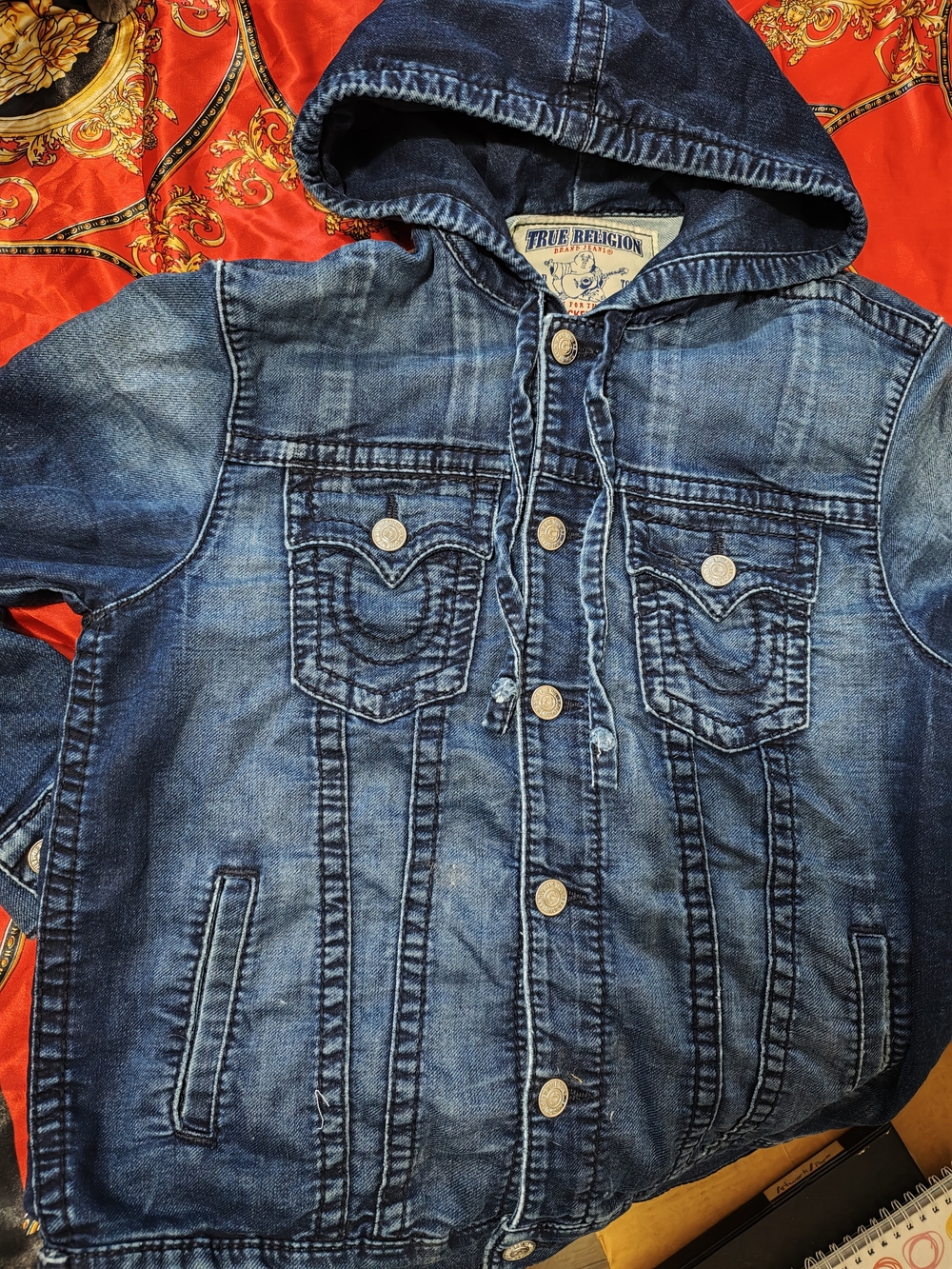 True Religion Kids Hooded Denim Jacket in Dark Blue Wash